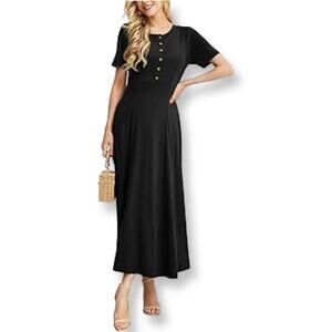 CC Courtenay Vintage Black Raw Silk Fluted Short Sleeve Midi Dress